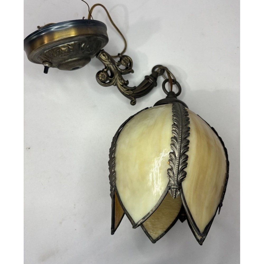 Vintage Petal slag glass hanging light Antique brass 9"